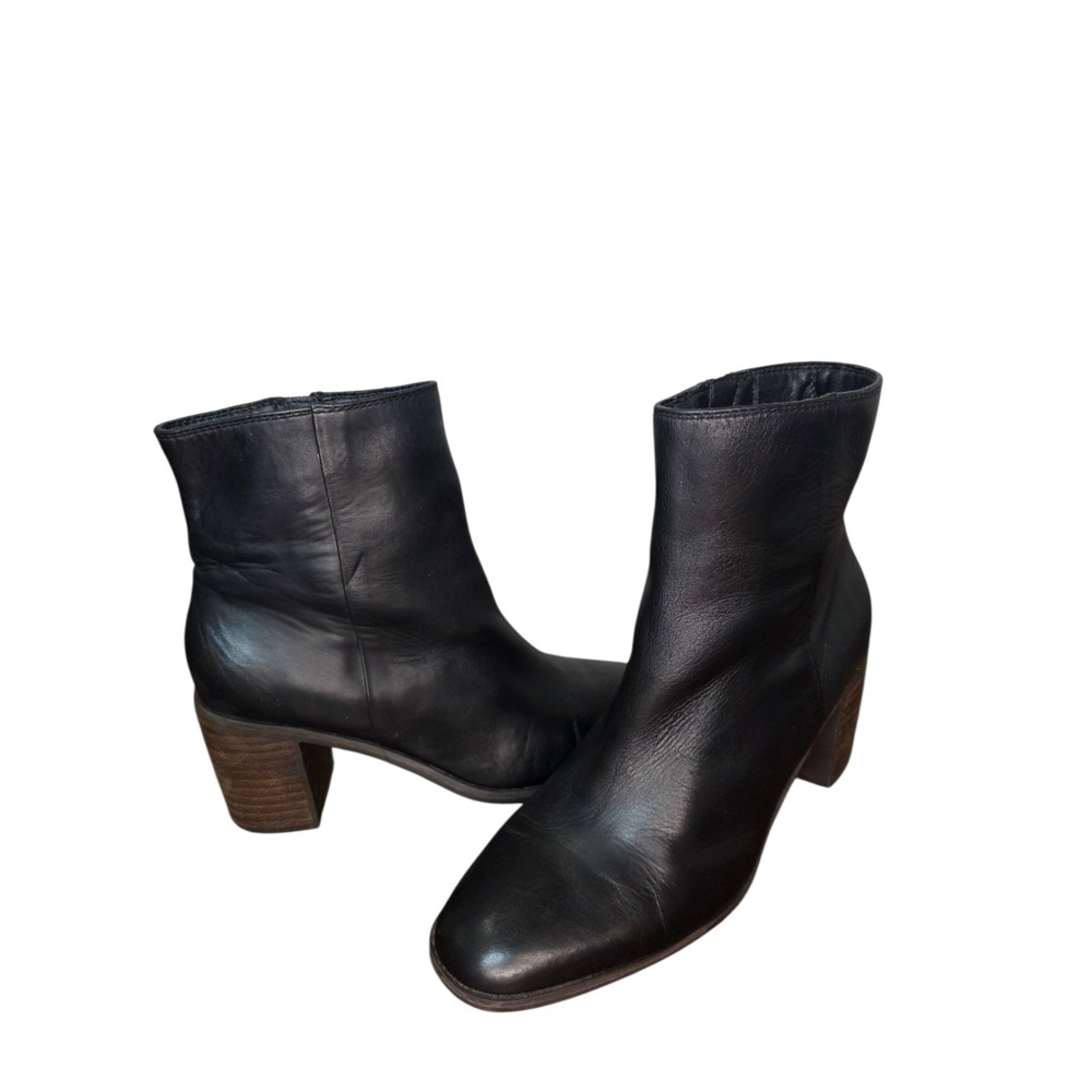 Lucky Brand Womens 10 Black Leather Ankle Boots Block Heel Side Zip Booties